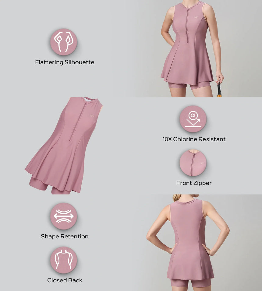 Women's Endurabrite Closedback Swimdress With Boyleg - Nostalgic Mauve & Dusty Pink