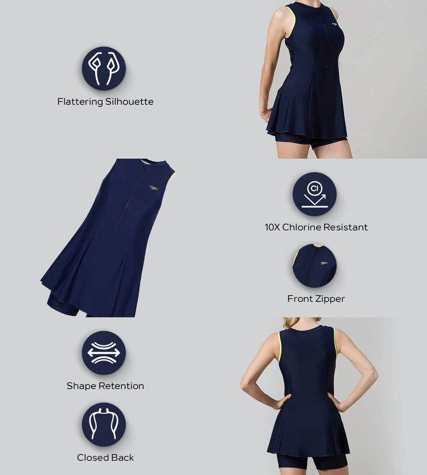Women's Endurance10 Closedback Swimdress With Boyleg - True Navy & Electric Lime
