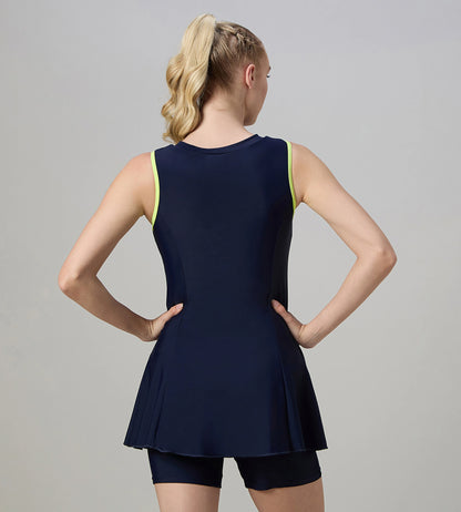 Women's Endurance10 Closedback Swimdress With Boyleg - True Navy & Electric Lime