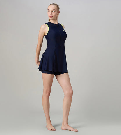 Women's Endurance10 Closedback Swimdress With Boyleg - True Navy & Electric Lime