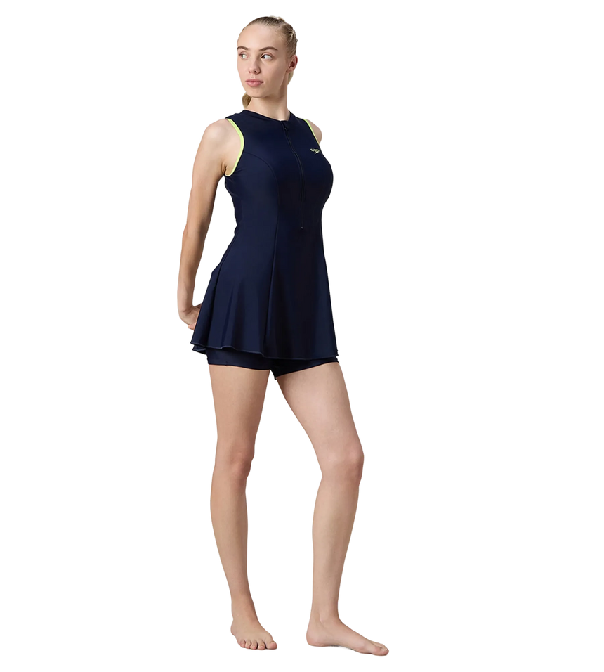 Women's Endurance10 Closedback Swimdress With Boyleg - True Navy & Electric Lime