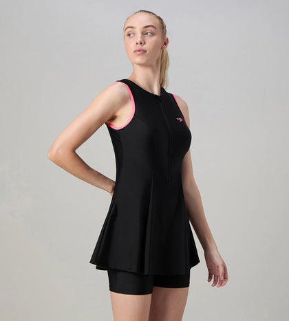 Women's Endurance10 Closedback Swimdress With Boyleg - Black & Pink Lemonade