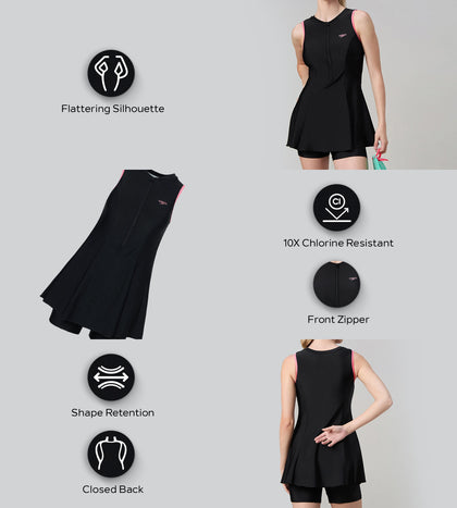 Women's Endurance10 Closedback Swimdress With Boyleg - Black & Pink Lemonade