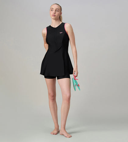 Women's Endurance10 Closedback Swimdress With Boyleg - Black & Pink Lemonade