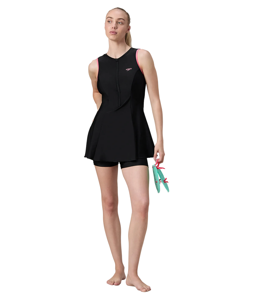 Women's Endurance10 Closedback Swimdress With Boyleg - Black & Pink Lemonade