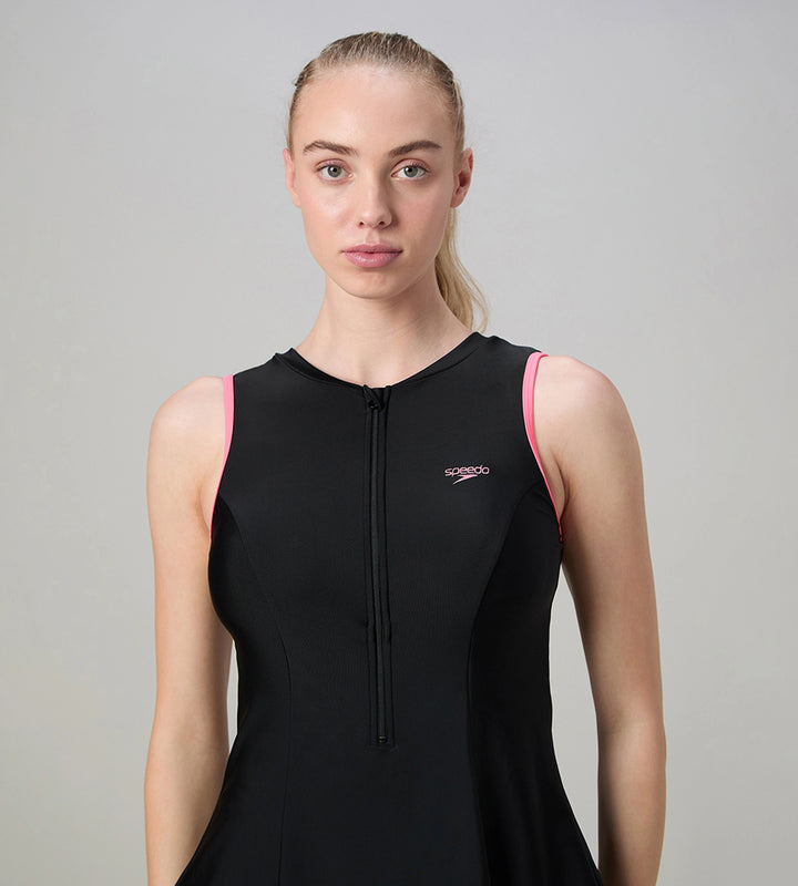 Women's Endurance10 Closedback Swimdress With Boyleg - Black & Pink Lemonade