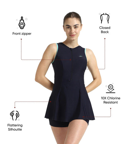 Women's Endurance10 Closedback Swimdress With Boyleg - True Navy & Arctic Glass