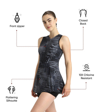 Women's Endurance10 Printed Closedback Swimdress With Boyleg - Black, Anthracite & Grey Lead