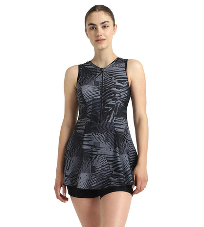 Women's Endurance10 Printed Closedback Swimdress With Boyleg - Black, Anthracite & Grey Lead