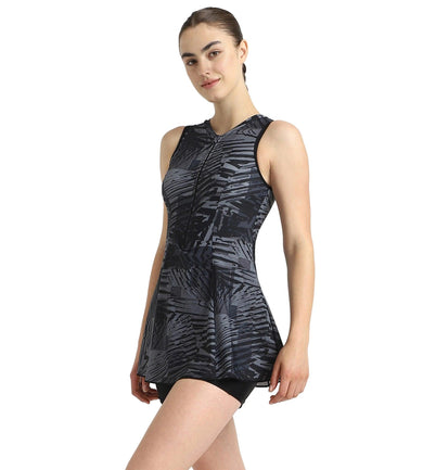 Women's Endurance10 Printed Closedback Swimdress With Boyleg - Black, Anthracite & Grey Lead