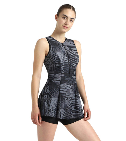 Women's Endurance10 Printed Closedback Swimdress With Boyleg - Black, Anthracite & Grey Lead