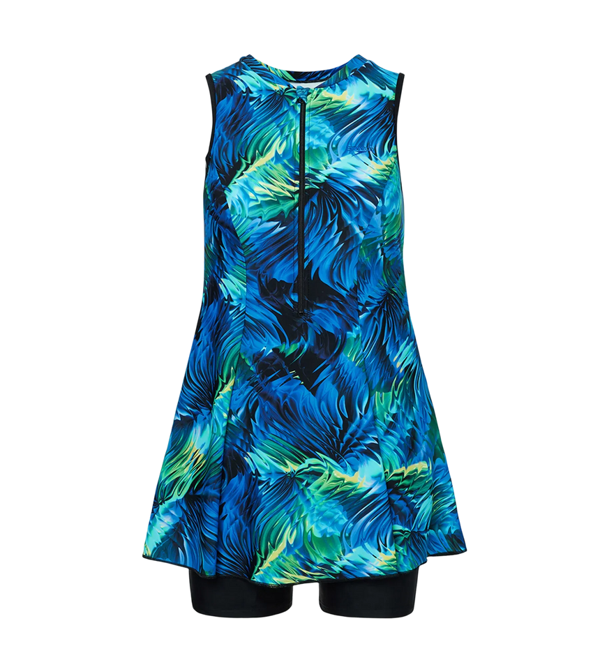 Women's Endurance10 Printed Closedback Swimdress With Boyleg - Black & Deep Saffire