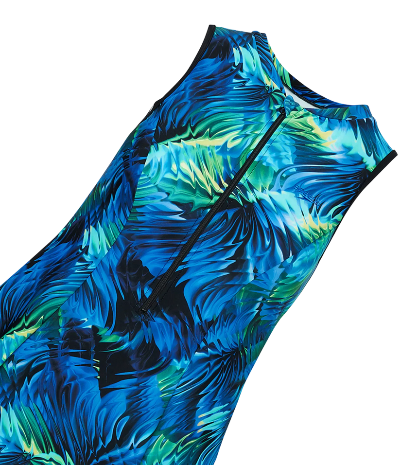 Women's Endurance10 Printed Closedback Swimdress With Boyleg - Black & Deep Saffire
