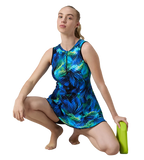 Women's Endurance10 Printed Closedback Swimdress With Boyleg - Black & Deep Saffire