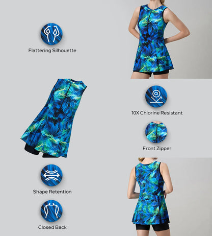 Women's Endurance10 Printed Closedback Swimdress With Boyleg - Black & Deep Saffire