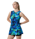 Women's Endurance10 Printed Closedback Swimdress With Boyleg - Black & Deep Saffire
