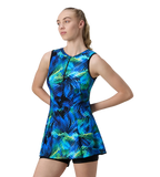 Women's Endurance10 Printed Closedback Swimdress With Boyleg - Black & Deep Saffire