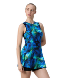 Women's Endurance10 Printed Closedback Swimdress With Boyleg - Black & Deep Saffire