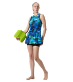 Women's Endurance10 Printed Closedback Swimdress With Boyleg - Black & Deep Saffire