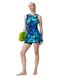 Women's Endurance10 Printed Closedback Swimdress With Boyleg - Black & Deep Saffire