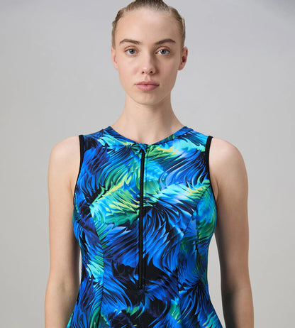 Women's Endurance10 Printed Closedback Swimdress With Boyleg - Black & Deep Saffire