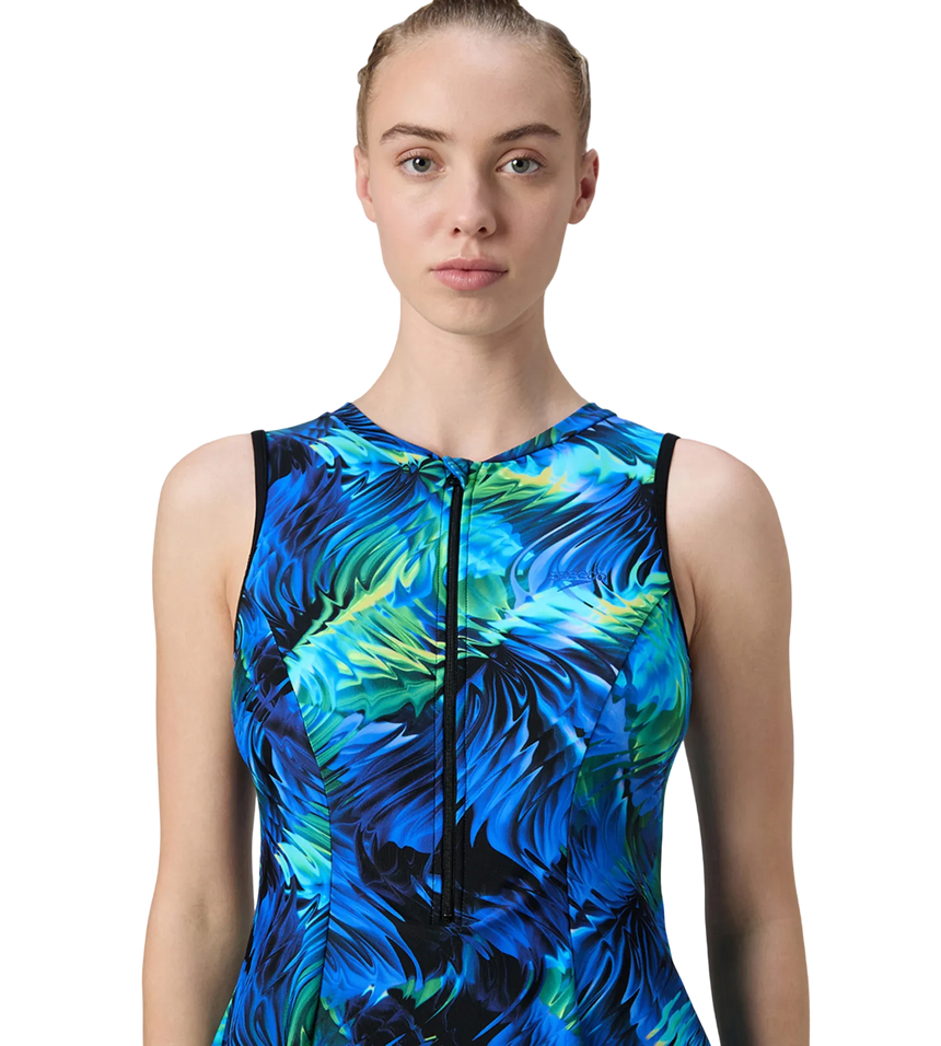 Women's Endurance10 Printed Closedback Swimdress With Boyleg - Black & Deep Saffire