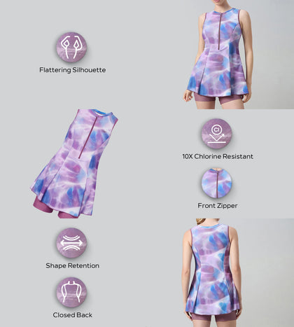 Women's Endurabrite Printed Closedback Swimdress With Boyleg - Rum Raisin