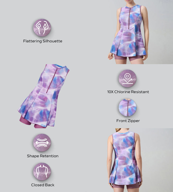 Women's Endurabrite Printed Closedback Swimdress With Boyleg - Rum Raisin