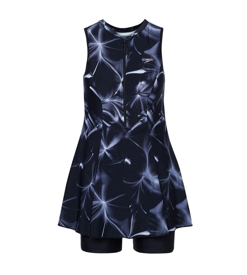 Women's Endurance10 Printed Closedback Swimdress With Boyleg - Black & Grey