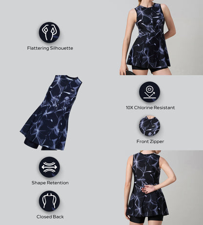 Women's Endurance10 Printed Closedback Swimdress With Boyleg - Black & Grey