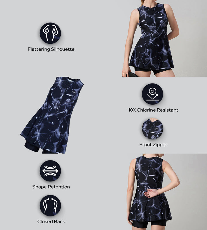 Women's Endurance10 Printed Closedback Swimdress With Boyleg - Black & Grey