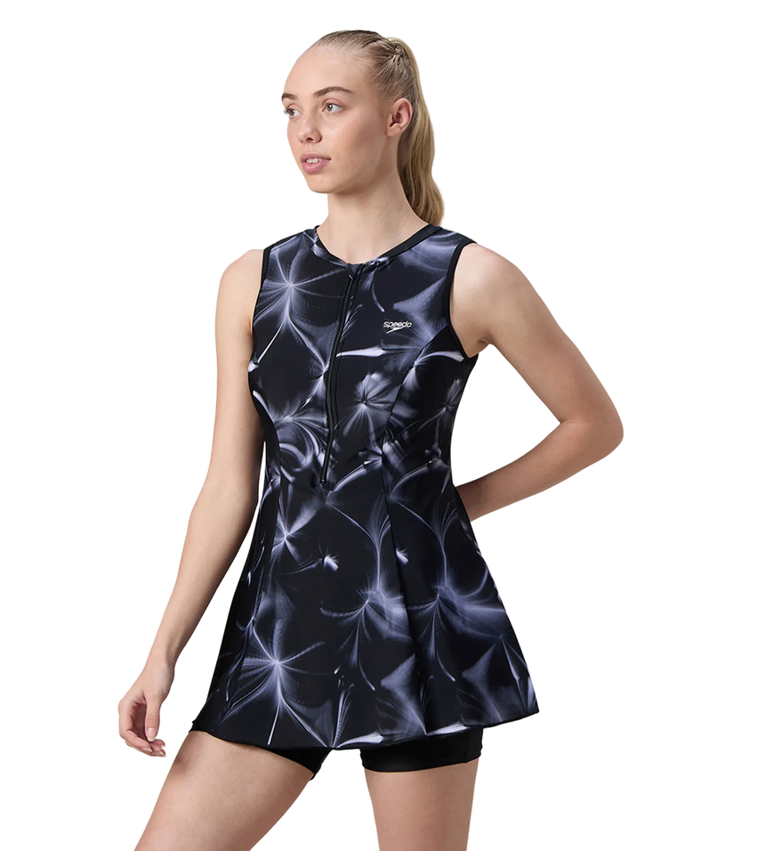 Women's Endurance10 Printed Closedback Swimdress With Boyleg - Black & Grey