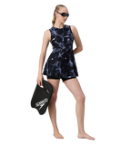 Women's Endurance10 Printed Closedback Swimdress With Boyleg - Black & Grey