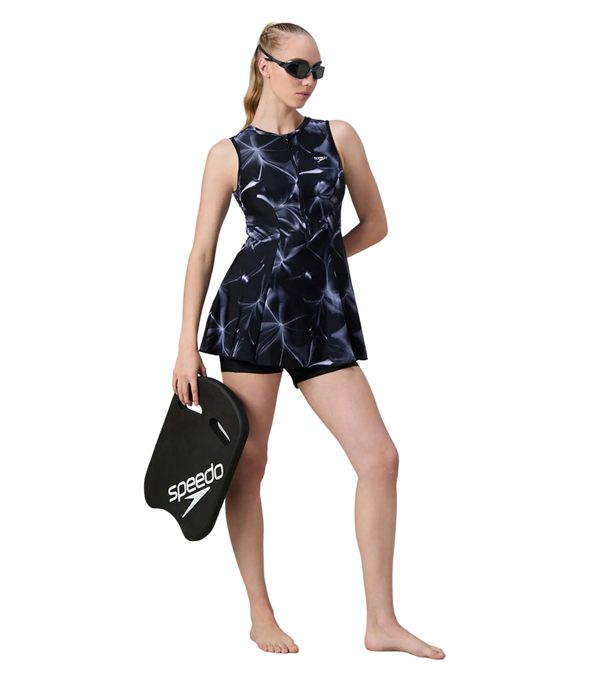 Women's Endurance10 Printed Closedback Swimdress With Boyleg - Black & Grey