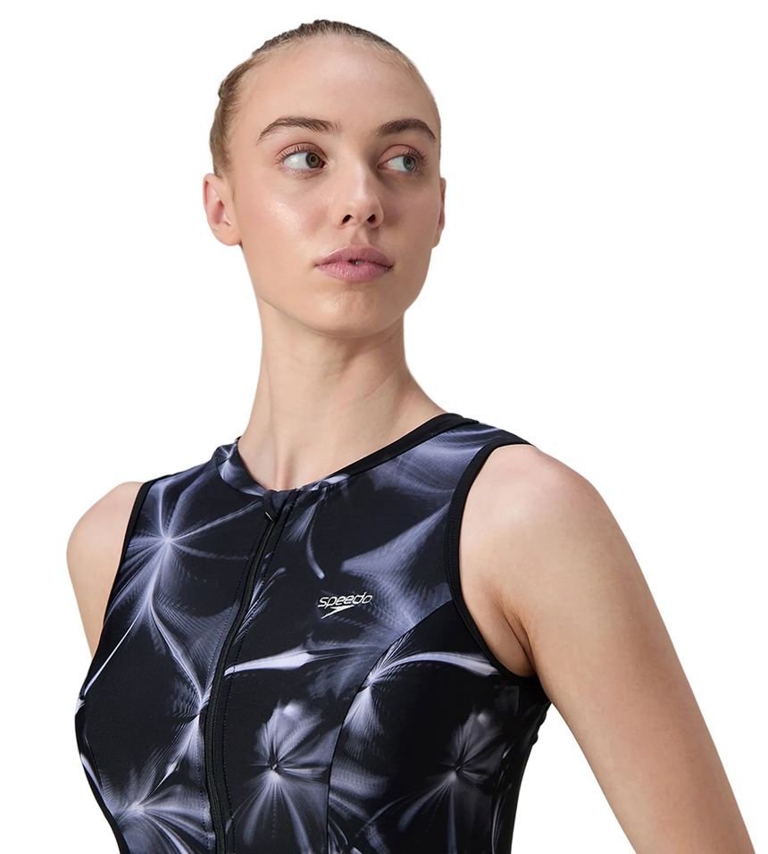 Women's Endurance10 Printed Closedback Swimdress With Boyleg - Black & Grey