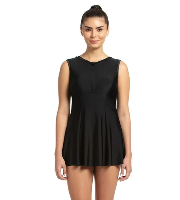 Women's Endurance Closed Back Swimdress With Boyleg - Black & Dapple Grey_1