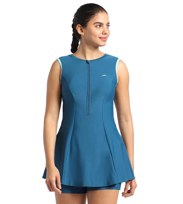 Women's Endurance Closedback Swimdress With Boyleg - Dark Teal  &  Marine Blue_1