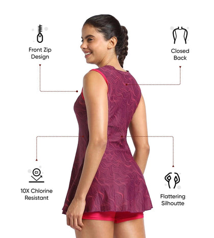 Women's Endurance 10 Closedback Printed Swimdress - Deep Plum & Cherry