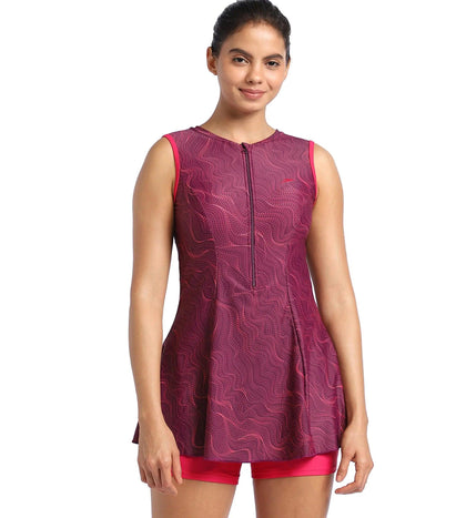 Women's Endurance Closedback Printed Swimdress - Deep Plum  &  Cherry_1