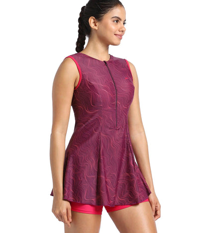 Women's Endurance Closedback Printed Swimdress - Deep Plum  &  Cherry_3