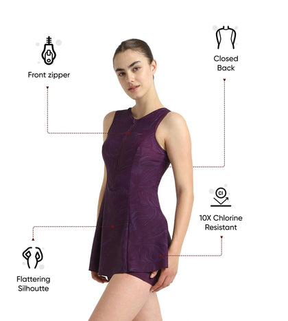 Women's Endurance10 Printed Closedback Swimdress With Boyleg - Plum Dandy