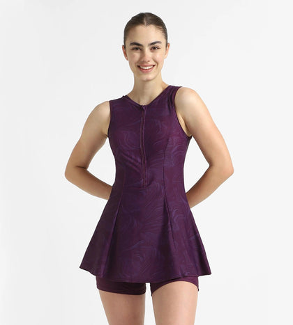 Women's Endurance10 Printed Closedback Swimdress With Boyleg - Plum Dandy