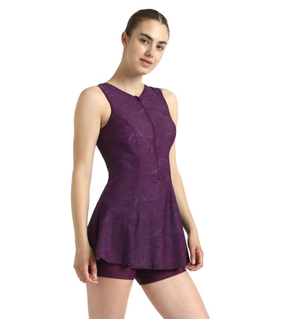 Women's Endurance10 Printed Closedback Swimdress With Boyleg - Plum Dandy