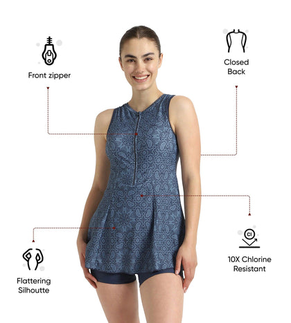 Women's Endurance10 Printed Closedback Swimdress With Boyleg - Spruce Blue & Washed Blue