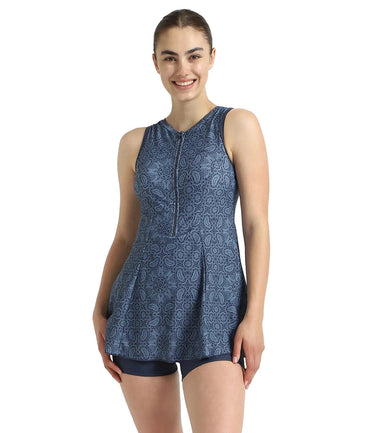 Women's Endurance10 Printed Closedback Swimdress With Boyleg - Spruce Blue & Washed Blue