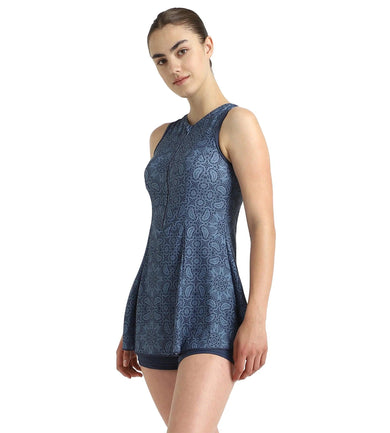 Women's Endurance10 Printed Closedback Swimdress With Boyleg - Spruce Blue & Washed Blue