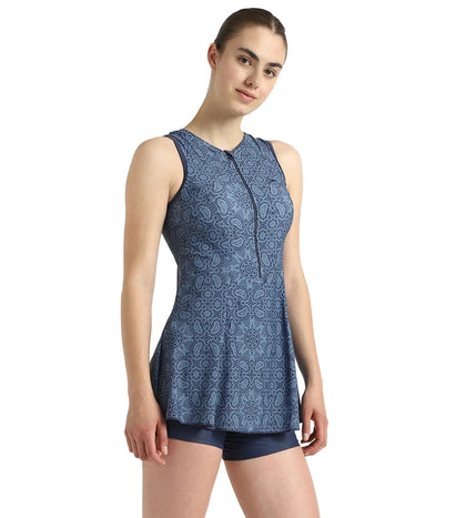 Women's Endurance10 Printed Closedback Swimdress With Boyleg - Spruce Blue & Washed Blue