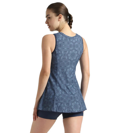 Women's Endurance10 Printed Closedback Swimdress With Boyleg - Spruce Blue & Washed Blue