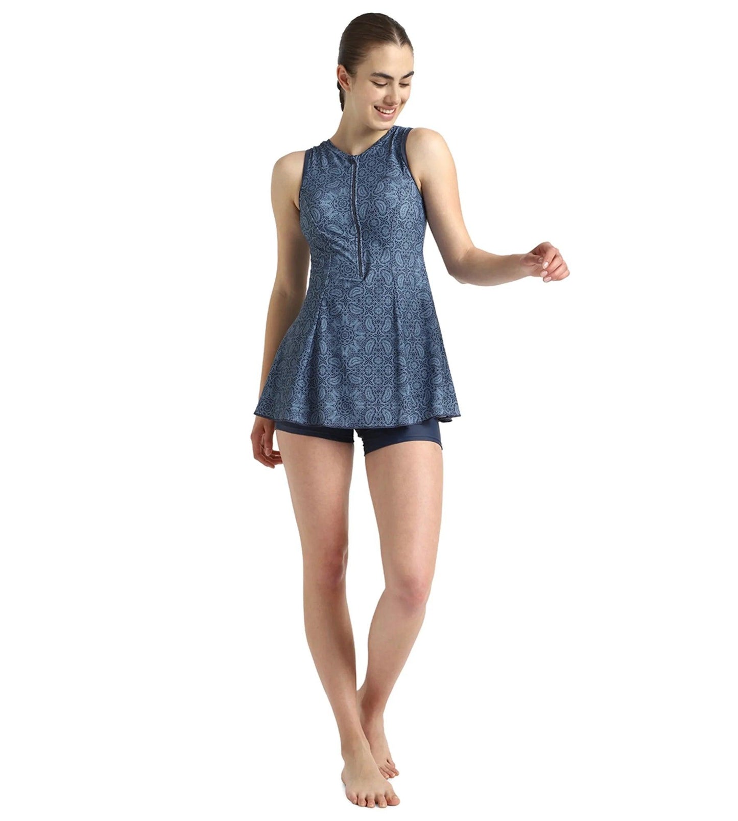 Women's Endurance10 Printed Closedback Swimdress With Boyleg - Spruce Blue & Washed Blue