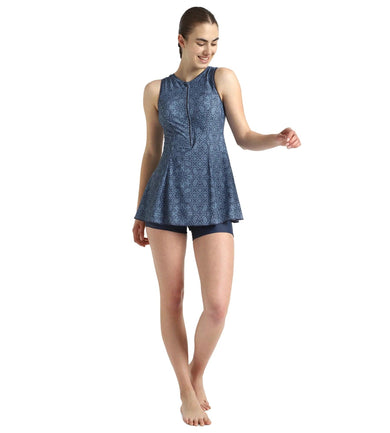 Women's Endurance10 Printed Closedback Swimdress With Boyleg - Spruce Blue & Washed Blue